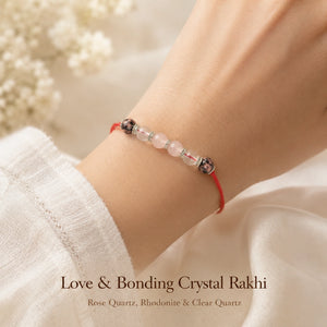 Love & Bonding Crystal Rakhi with Rose Quartz and Rhodonite worn on wrist – Bellarosa Gems