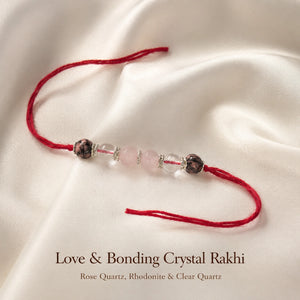 Love & Bonding Crystal Rakhi close-up of Rose Quartz and Rhodonite – Bellarosa Gems