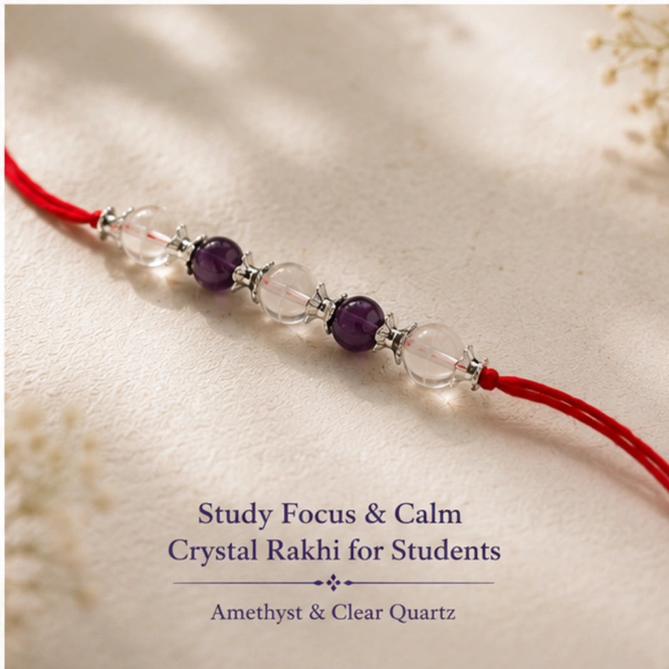 Study Focus Crystal Rakhi close-up of Amethyst and Blue Lace Agate β Bellarosa Gems