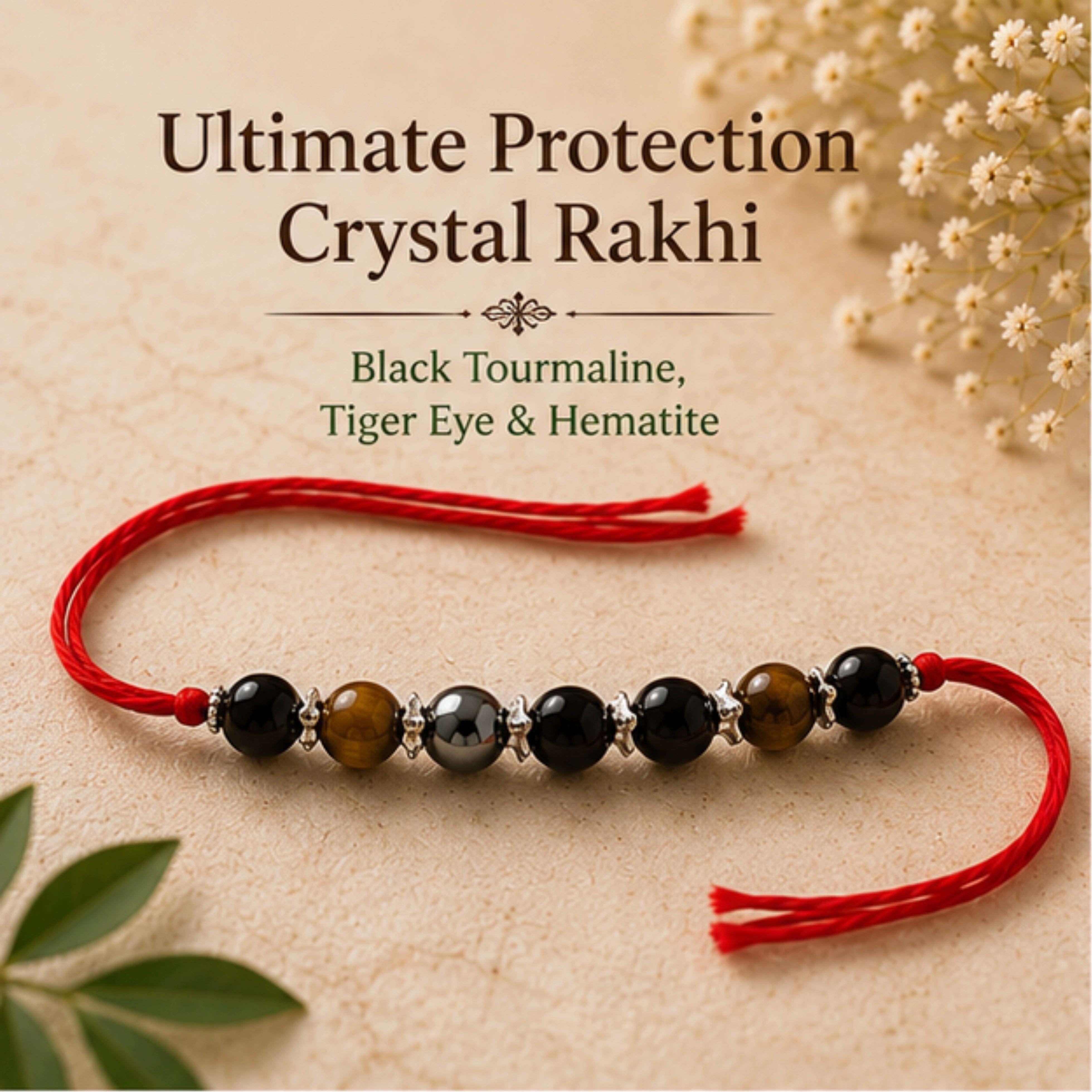 Ultimate Protection Crystal Rakhi – Black Tourmaline, Tiger Eye & Hematite