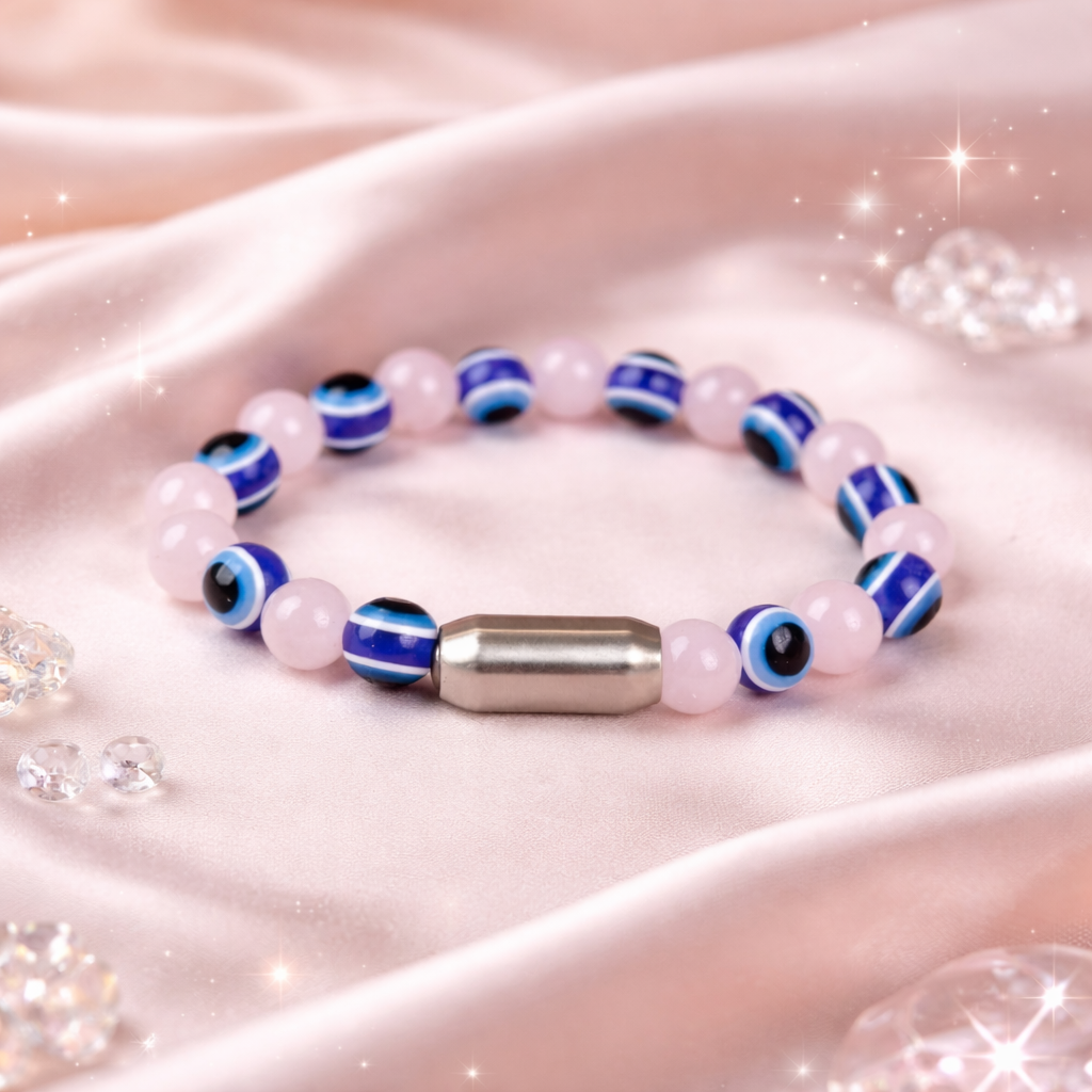 NATURAL ROSE QUARTZ + EVIL EYE BRACELET