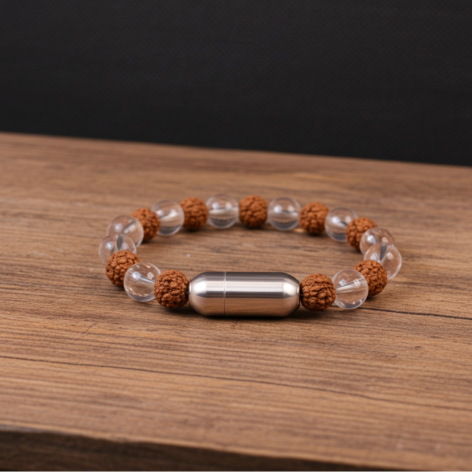 NATURAL CLEAR QUARTZ + RUDRAKSHA BRACELET