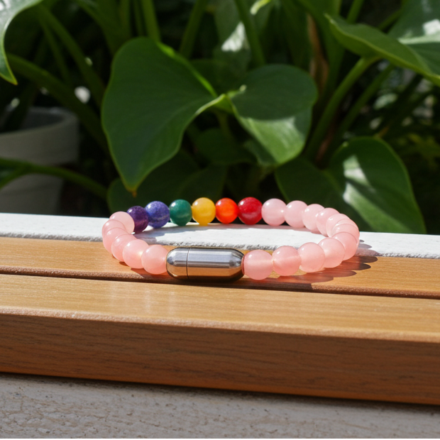 NATURAL ROSE QUARTZ + 7 CHAKRA BRACELET