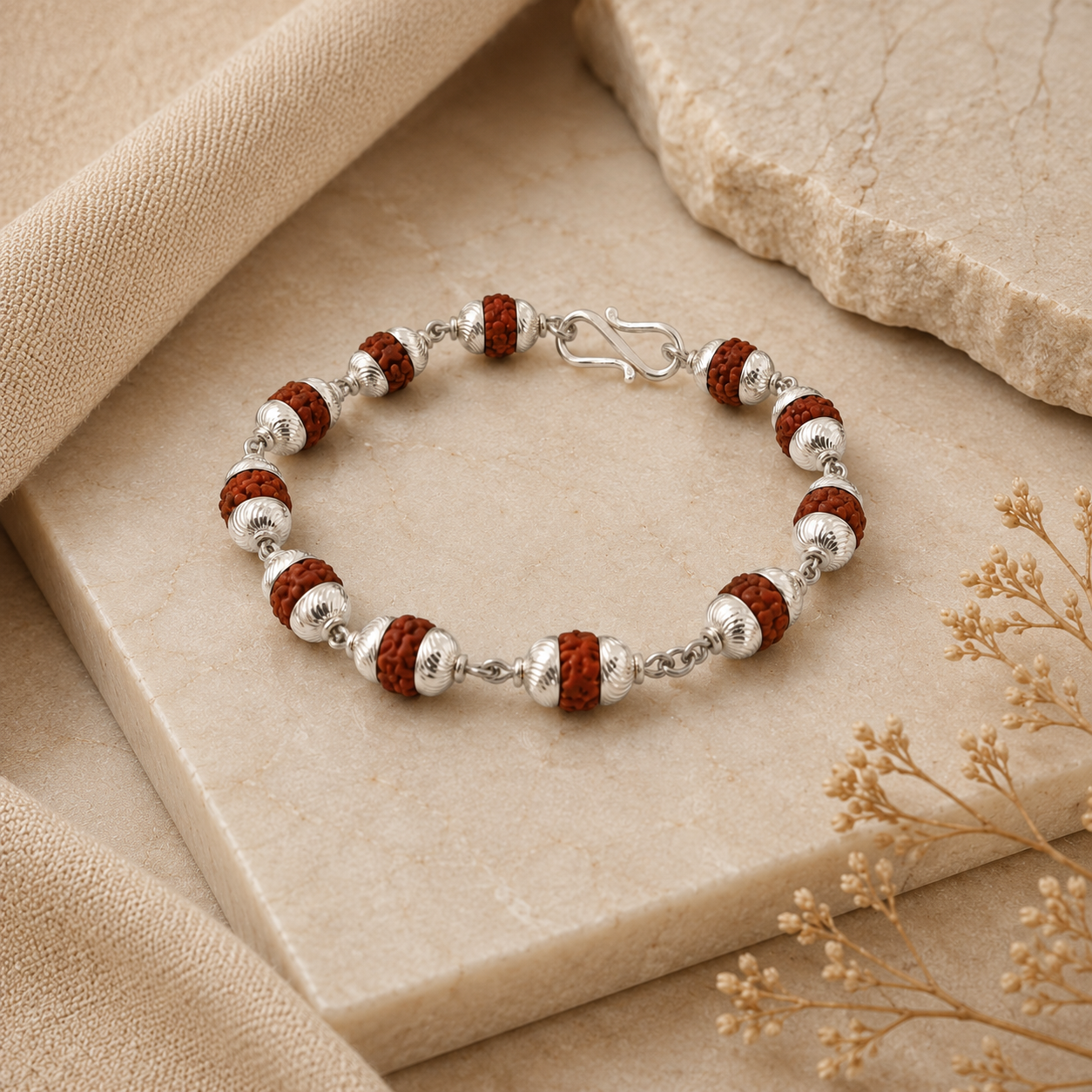 Natural 5 Mukhi Rudraksha Bracelet (925 Silver) (Indonesia)