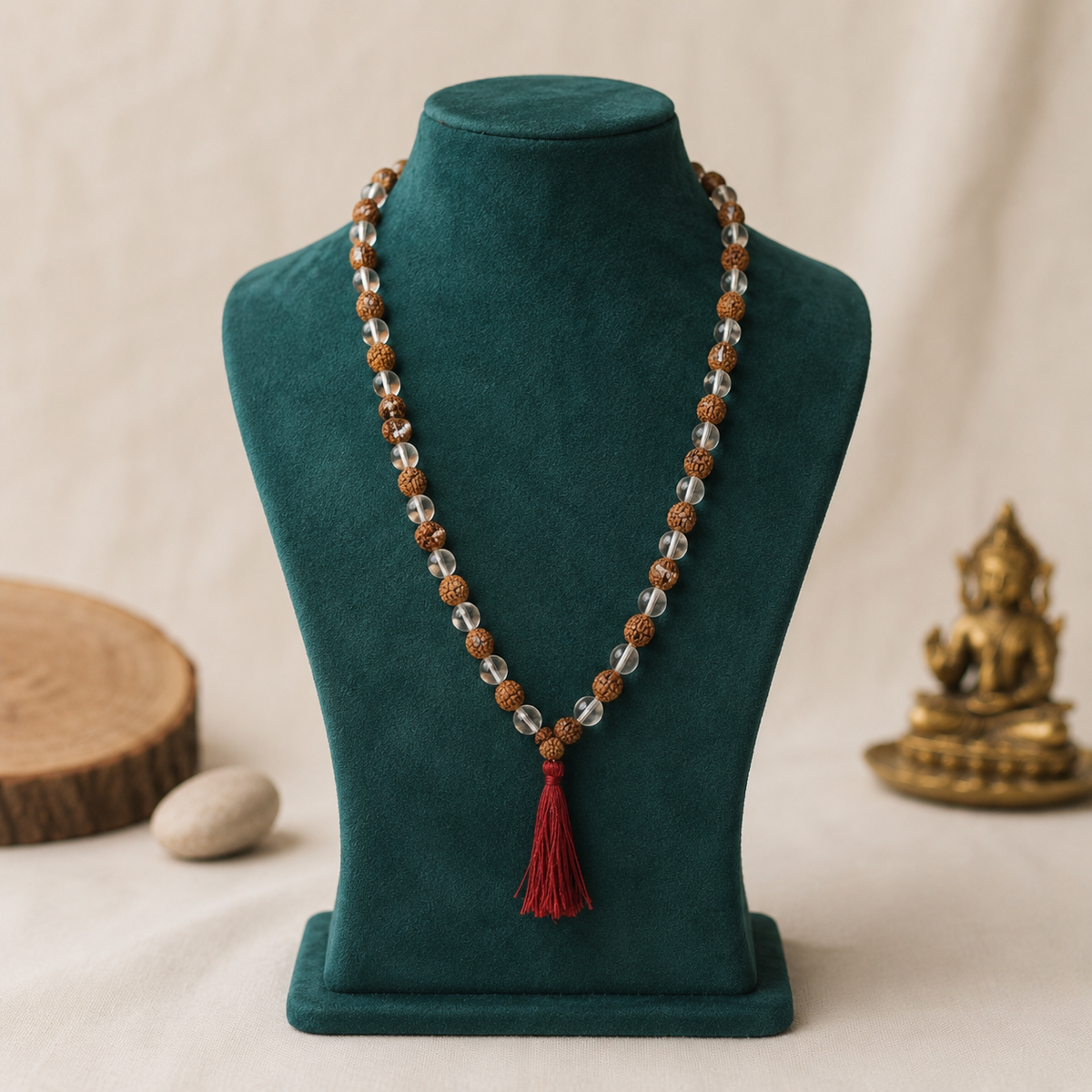 Natural 5 Mukhi Rudraksha + Clear Quartz 8 mm Mala (Indonesia)