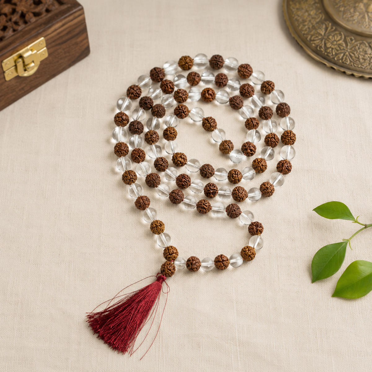 Natural 5 Mukhi Rudraksha + Clear Quartz 8 mm Mala (Indonesia)