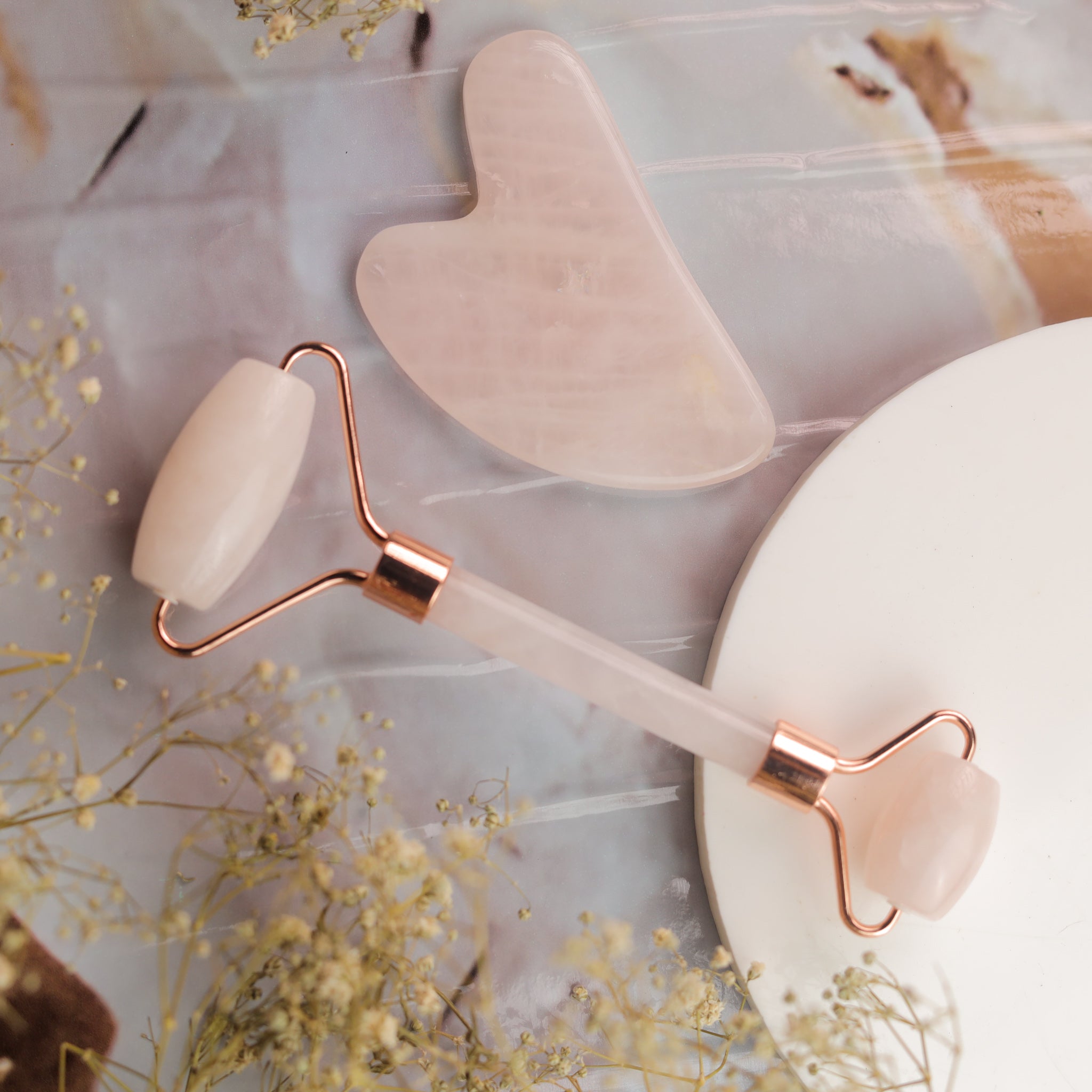 Natural Rose Quartz Roller & Gua Sha