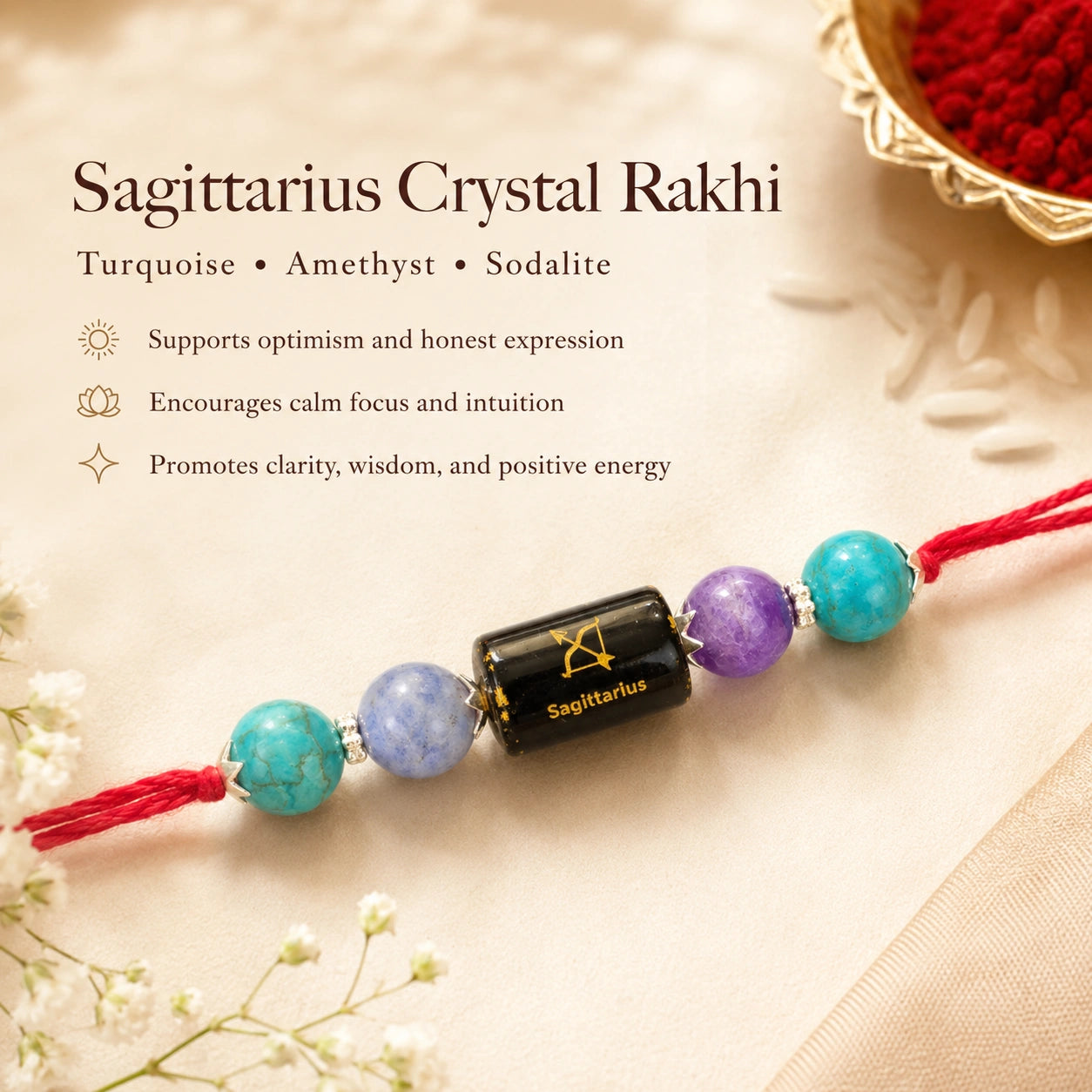 Dhanu Rashi Sagittarius Crystal Rakhi with Turquoise, Amethyst and Sodalite – natural certified crystal rakhi by Bellarosa Gems