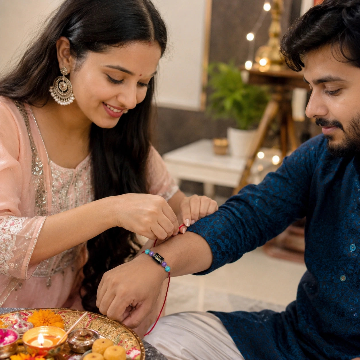 Dhanu Rashi Sagittarius Crystal Rakhi with Turquoise, Amethyst and Sodalite – natural certified crystal rakhi by Bellarosa Gems