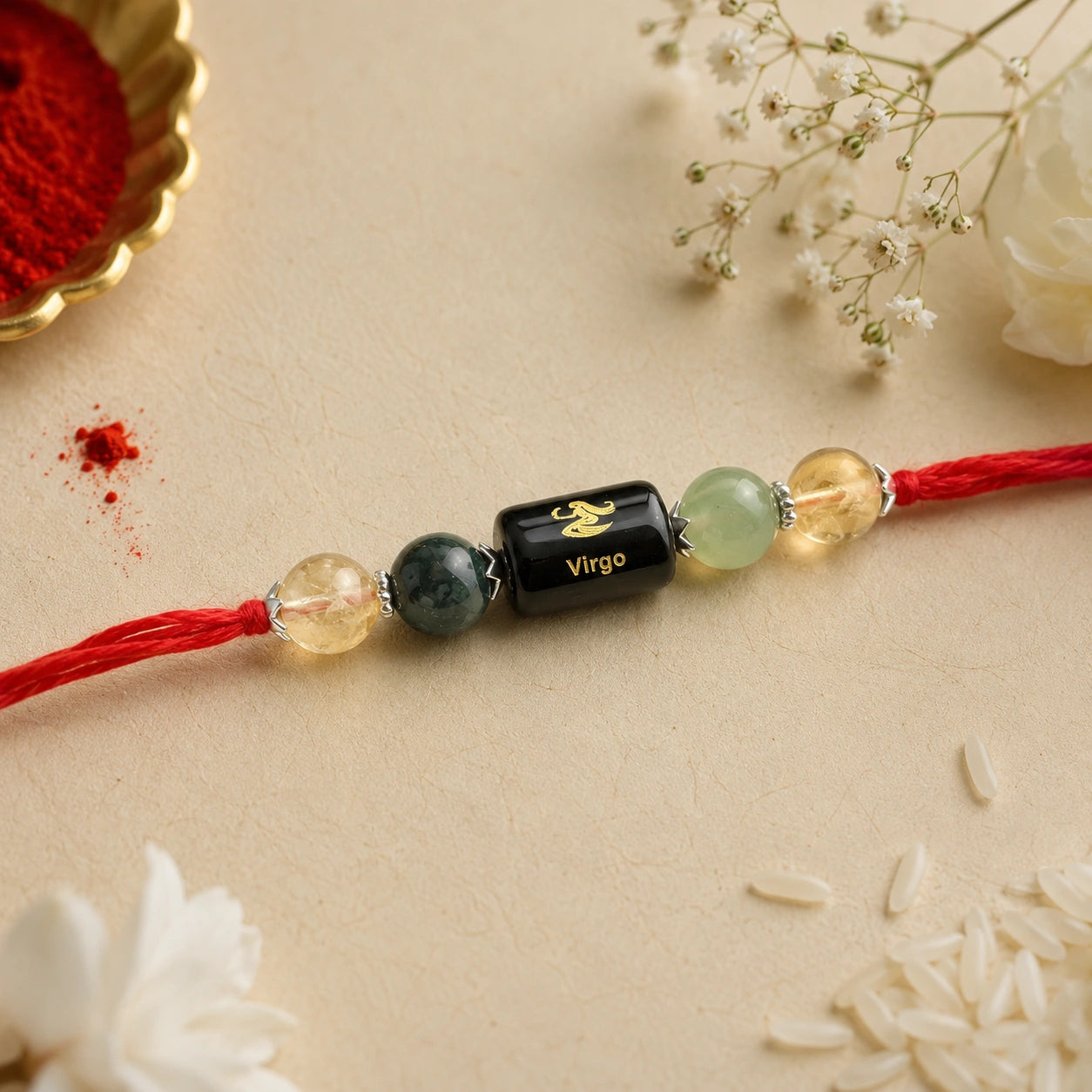 Kanya Rashi Virgo Crystal Rakhi with Citrine, Green Aventurine and Moss Agate – natural certified crystal rakhi by Bellarosa Gems