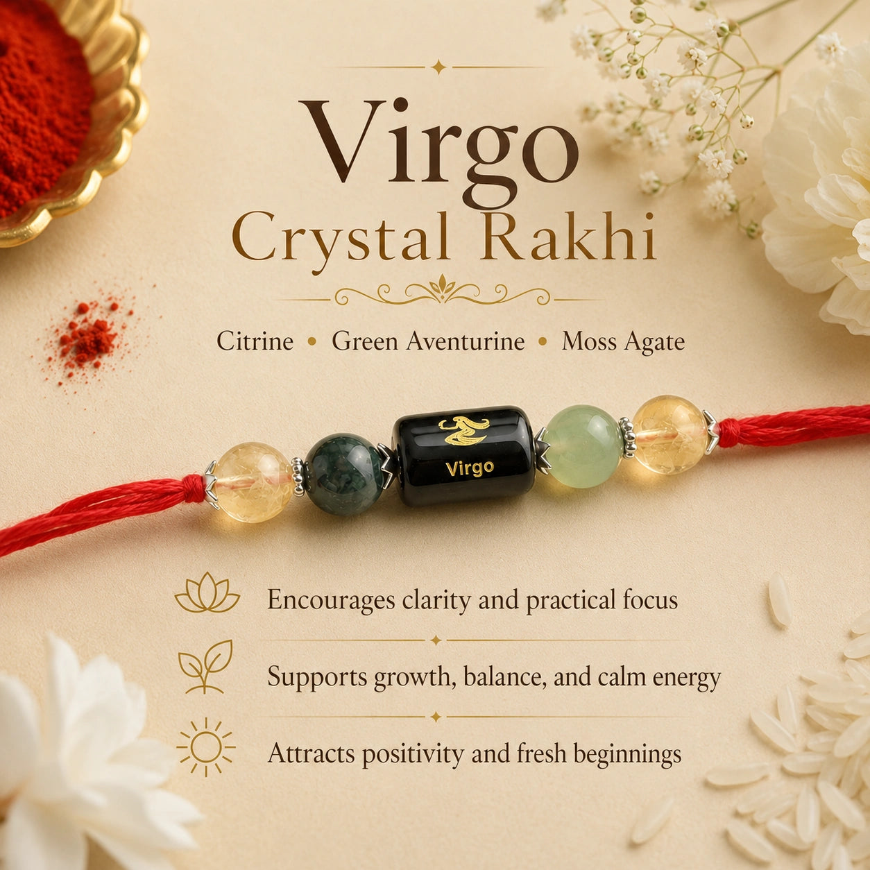 Kanya Rashi Virgo Crystal Rakhi with Citrine, Green Aventurine and Moss Agate – natural certified crystal rakhi by Bellarosa Gems