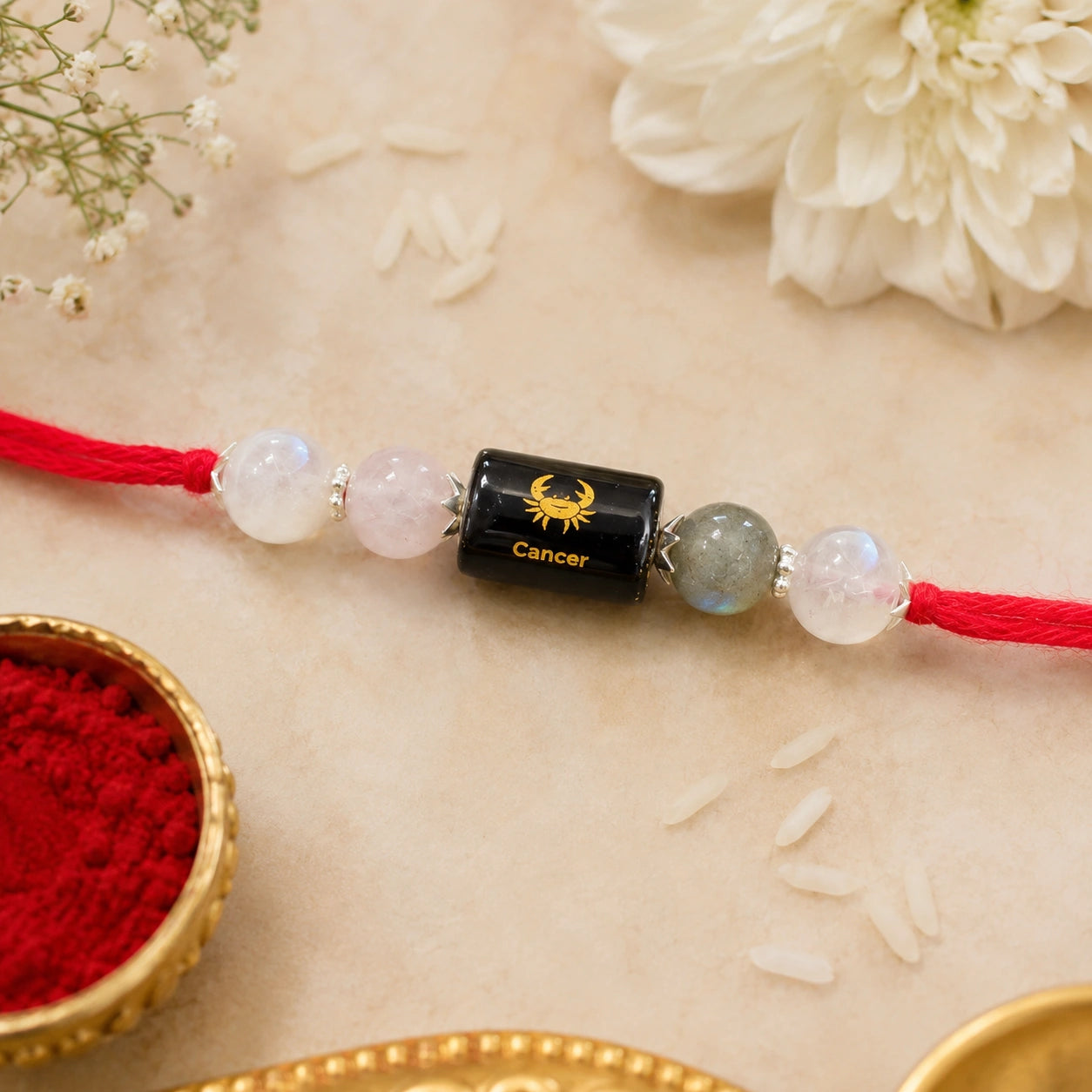 Kark Rashi Cancer Crystal Rakhi with Moonstone, Rose Quartz and Labradorite – natural certified crystal rakhi by Bellarosa Gems