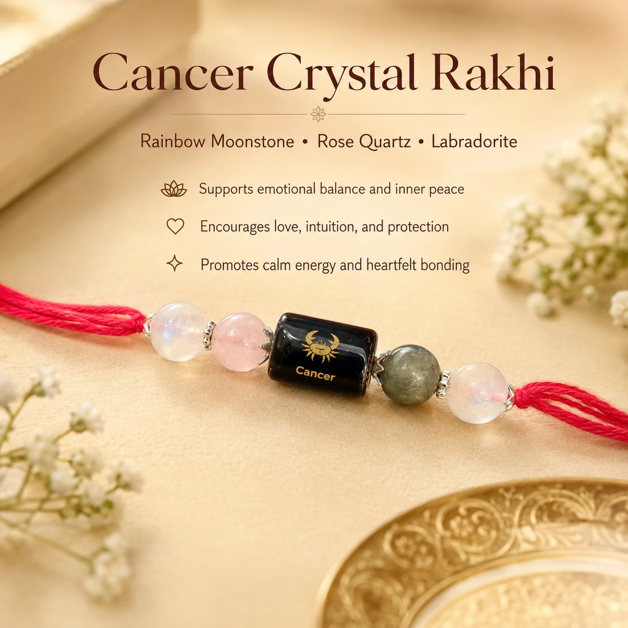 Kark Rashi Cancer Crystal Rakhi with Moonstone, Rose Quartz and Labradorite – natural certified crystal rakhi by Bellarosa Gems