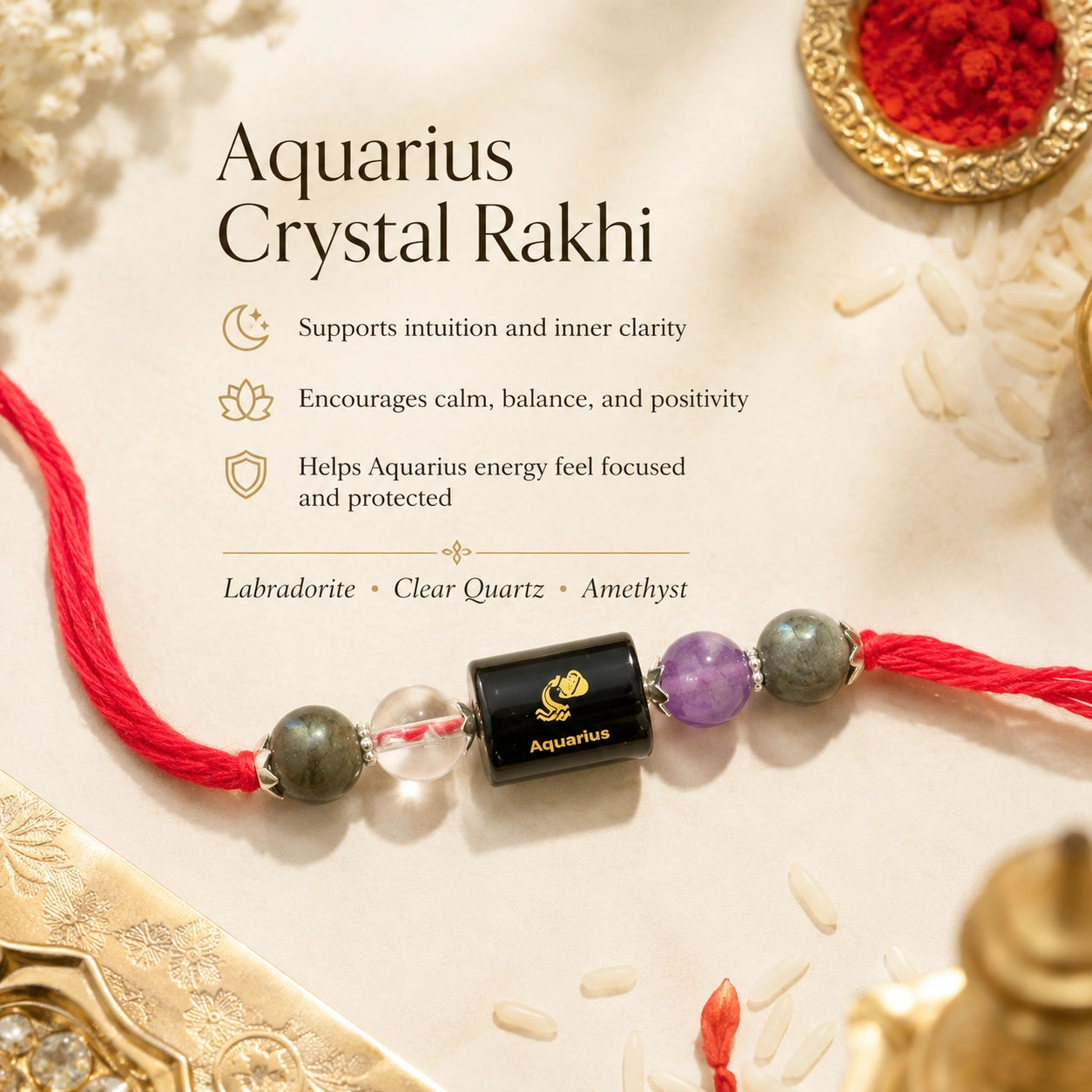Kumbh Rashi Aquarius Crystal Rakhi with Labradorite, Amethyst and Clear Quartz – natural certified crystal rakhi by Bellarosa Gems