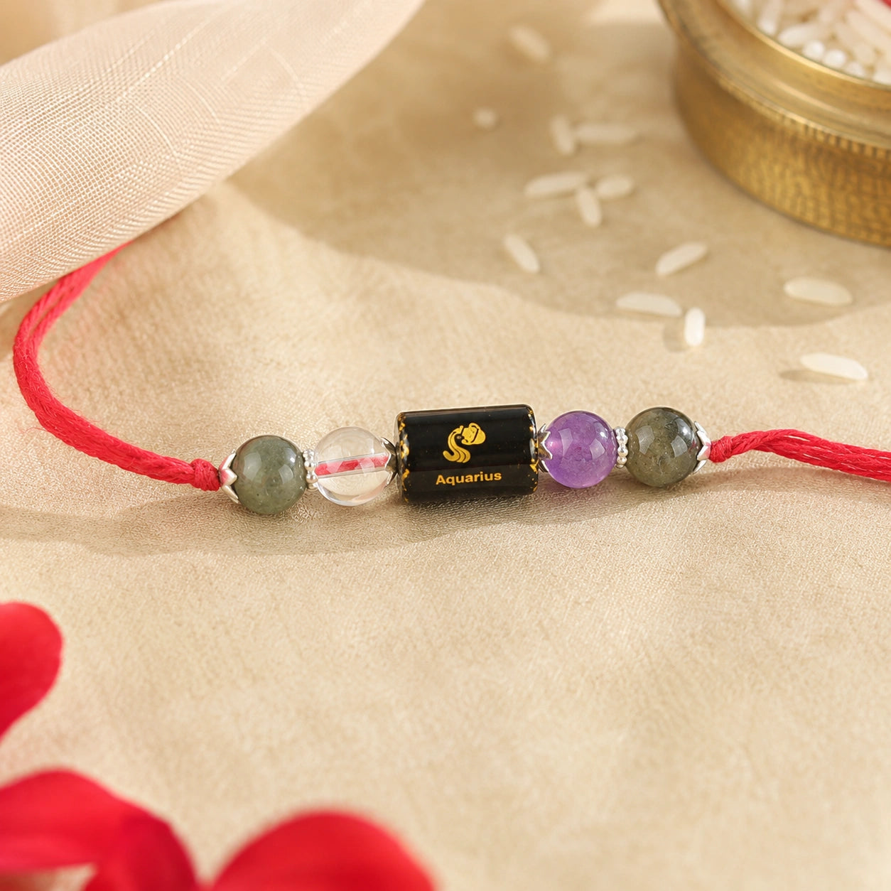 Kumbh Rashi Aquarius Crystal Rakhi with Labradorite, Amethyst and Clear Quartz – natural certified crystal rakhi by Bellarosa Gems