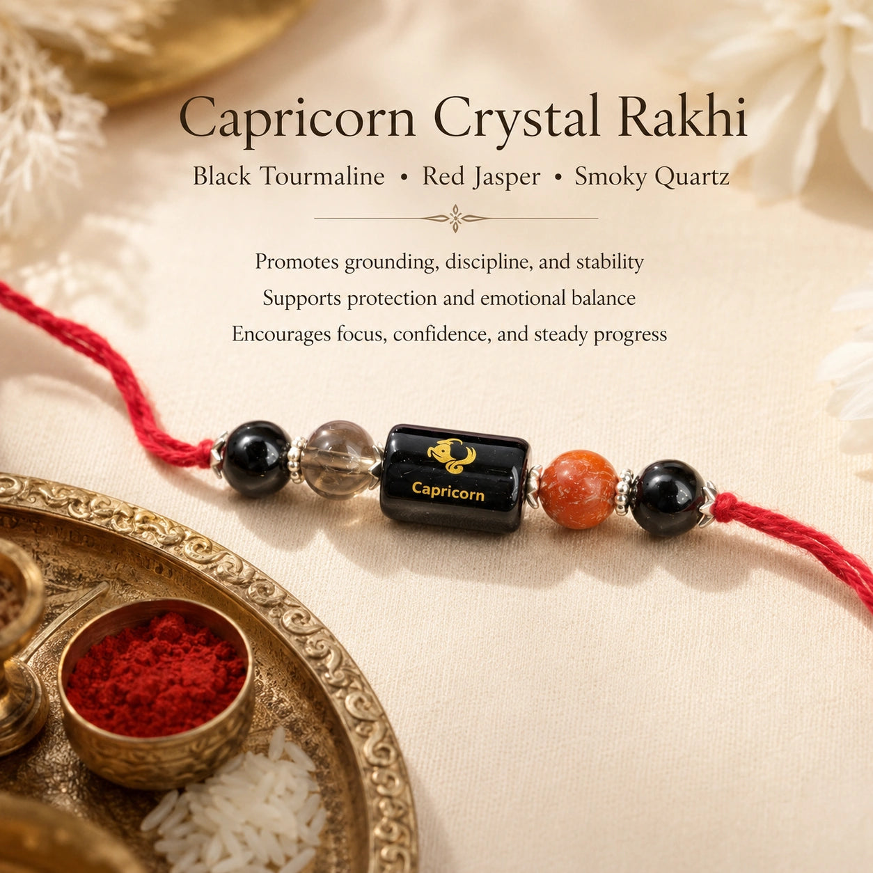 Makar Rashi Capricorn Crystal Rakhi with Black Tourmaline, Red Jasper and Smoky Quartz – natural certified crystal rakhi by Bellarosa Gems