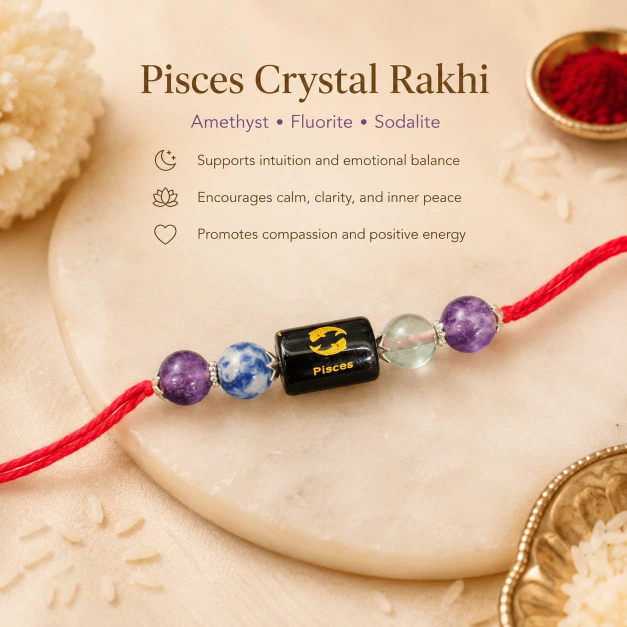 Meen Rashi Pisces Crystal Rakhi with Amethyst, Fluorite and Sodalite – natural certified crystal rakhi by Bellarosa Gems