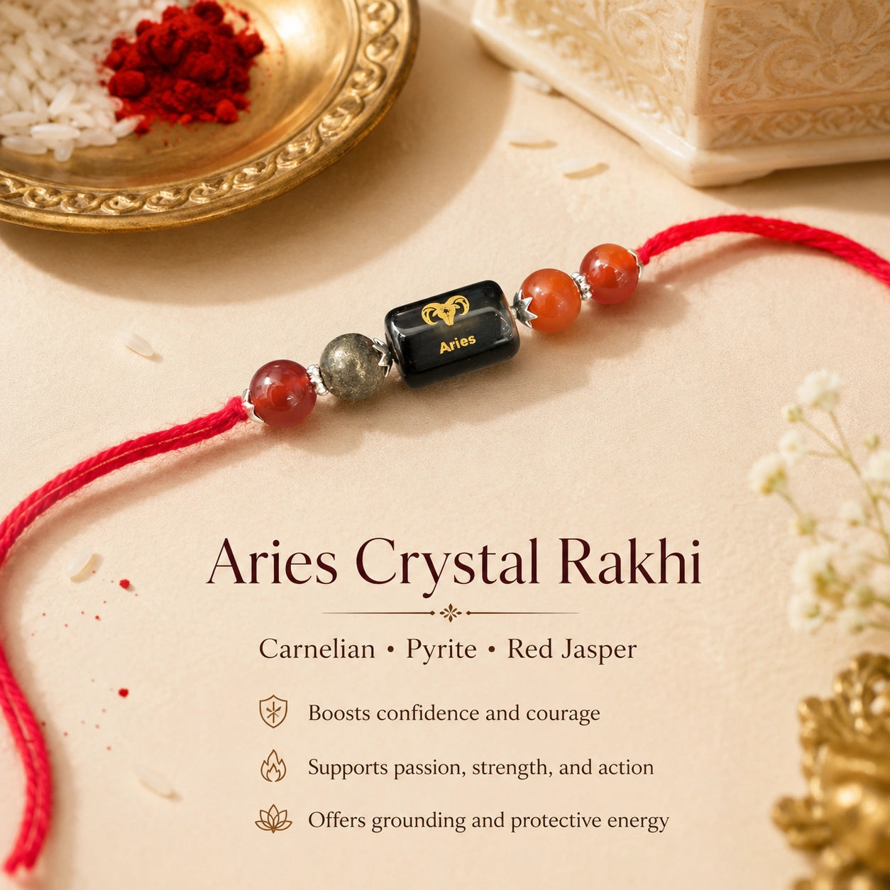 Mesh Rashi Aries Crystal Rakhi with Carnelian, Red Jasper and Pyrite – natural certified crystal rakhi by Bellarosa Gems