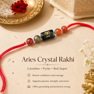 Mesh Rashi Aries Crystal Rakhi with Carnelian, Red Jasper and Pyrite – natural certified crystal rakhi by Bellarosa Gems