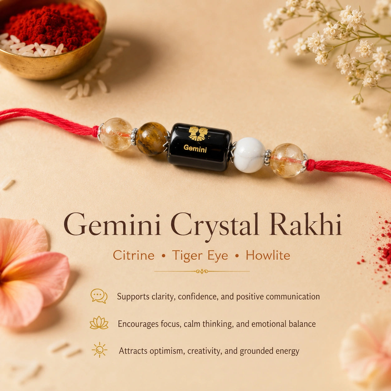 Mithun Rashi Gemini Crystal Rakhi with Citrine, Tiger Eye and Howlite – natural certified crystal rakhi by Bellarosa Gems