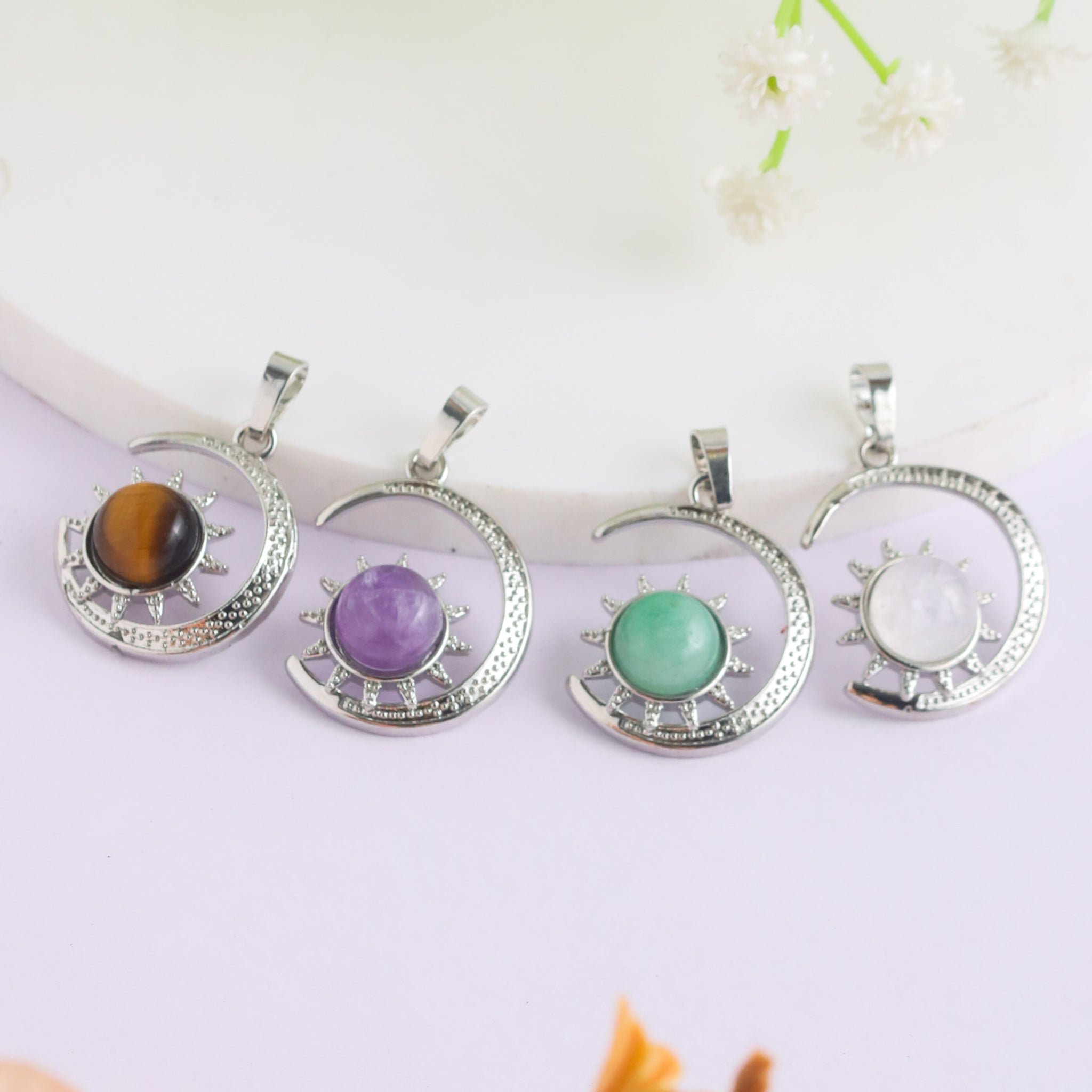 Natural Moon Shape Crystal Pendant – Tiger Eye Amethyst Jewellery
