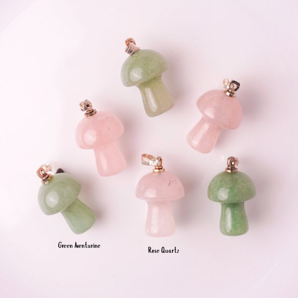 Natural Crystal Mushroom Pendant – Green Aventurine Rose Quartz