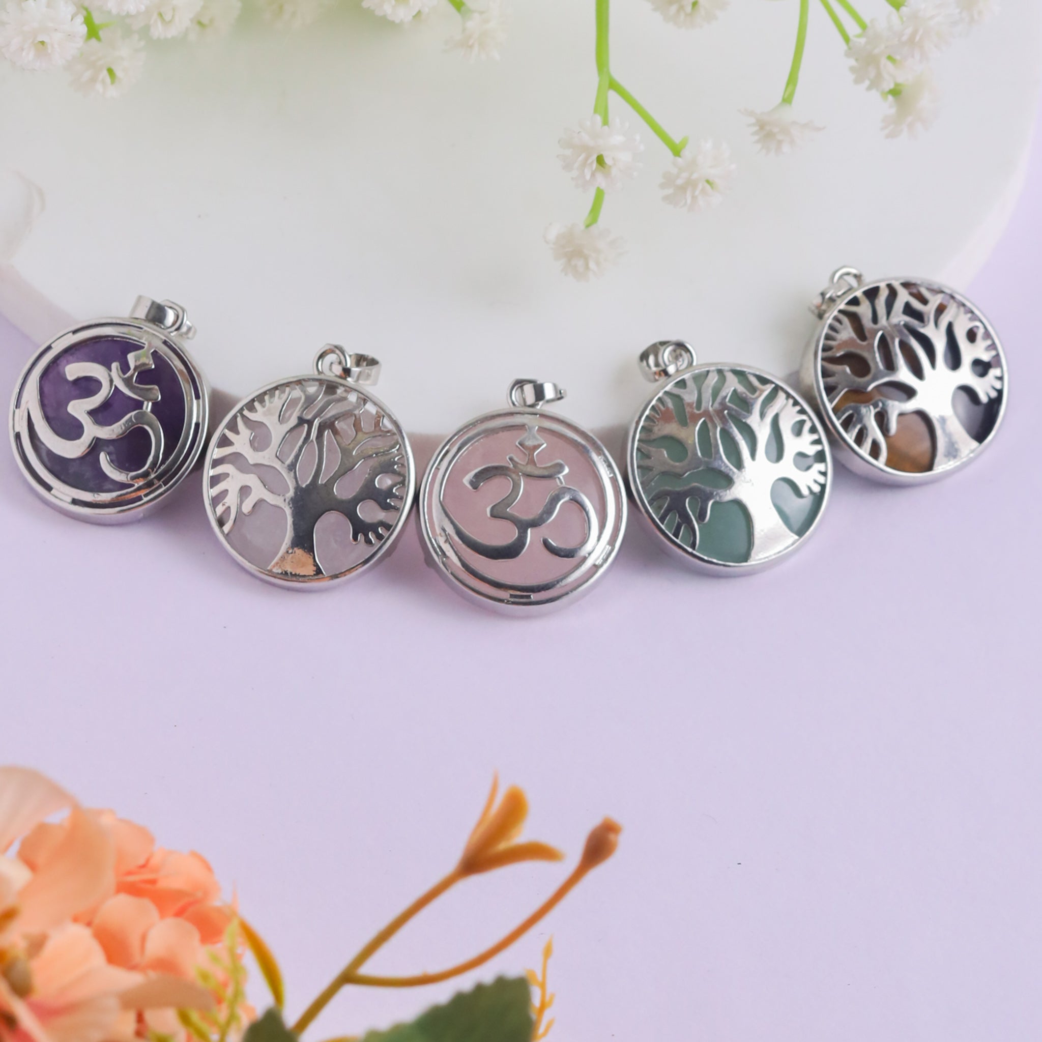 Natural Om Round Pendant – 5 Crystal Varieties