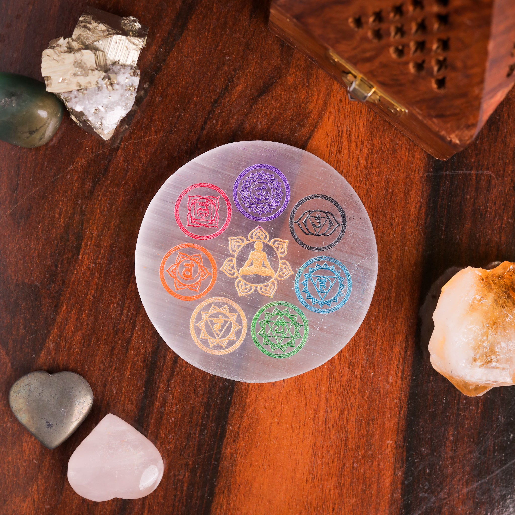 Natural Selenite 7 Chakra Round Plate – Crystal Charging Energy Tool