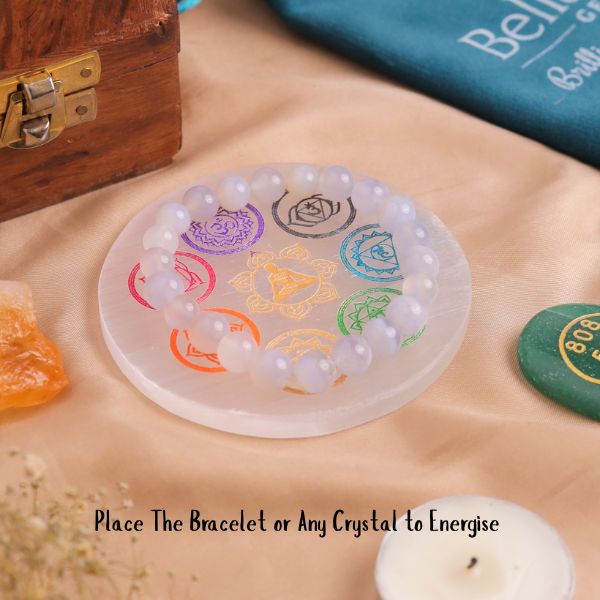 Natural Selenite 7 Chakra Round Plate Second View – White Crystal Plate