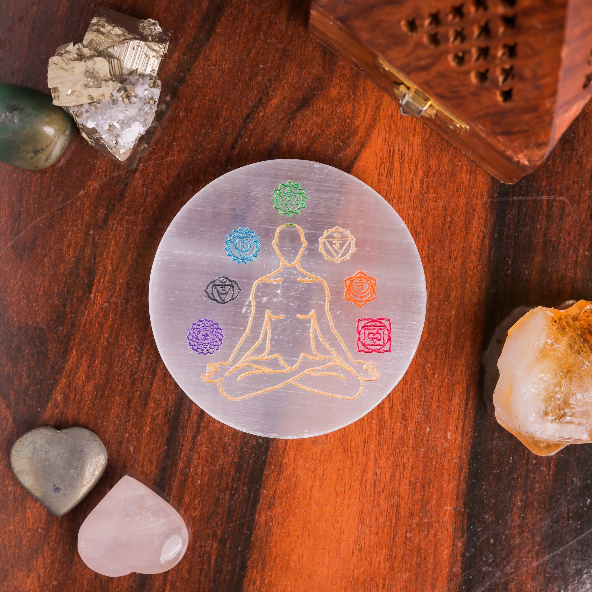 Natural Selenite Chakra Round Plate – Crystal Energy Balancing Tool