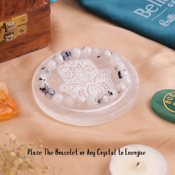 Natural Selenite Hamsa Round Plate Second View – White Crystal Plate