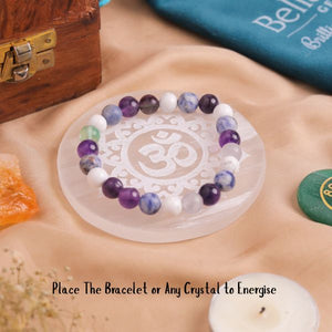 Natural Selenite Om Round Plate Second View – White Crystal Plate