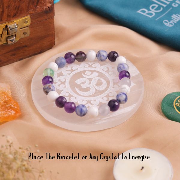Natural Selenite Om Round Plate Second View – White Crystal Plate
