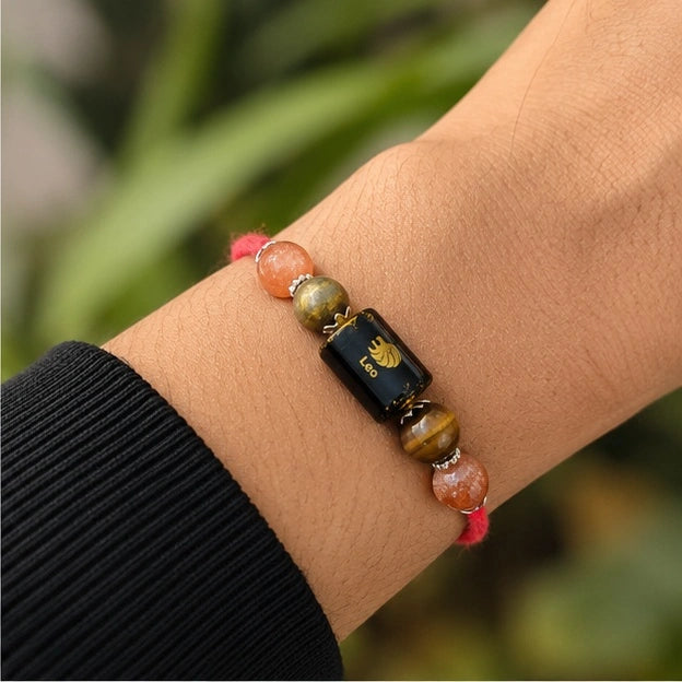 Simha Rashi Leo Crystal Rakhi with Sunstone, Tiger Eye and Pyrite – natural certified crystal rakhi by Bellarosa Gems