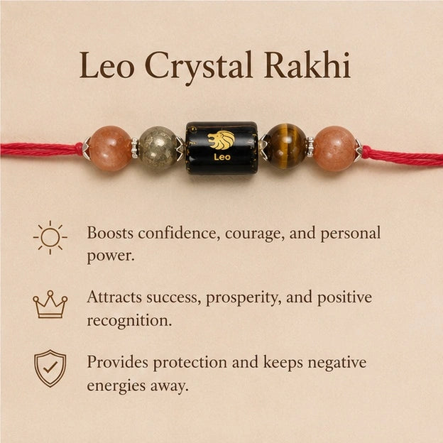 Simha Rashi Leo Crystal Rakhi with Sunstone, Tiger Eye and Pyrite – natural certified crystal rakhi by Bellarosa Gems