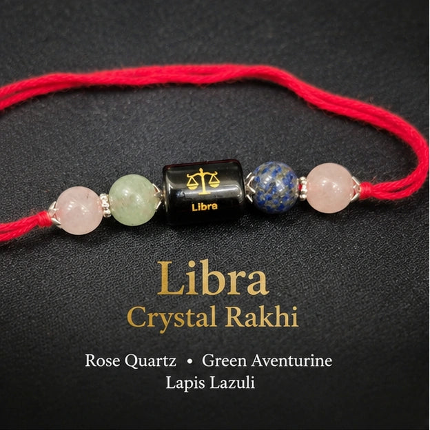 Tula Rashi Libra Crystal Rakhi with Rose Quartz, Lapis Lazuli and Green Aventurine – natural certified crystal rakhi by Bellarosa Gems