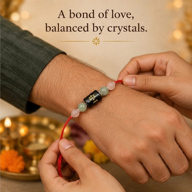 Tula Rashi Libra Crystal Rakhi with Rose Quartz, Lapis Lazuli and Green Aventurine – natural certified crystal rakhi by Bellarosa Gems