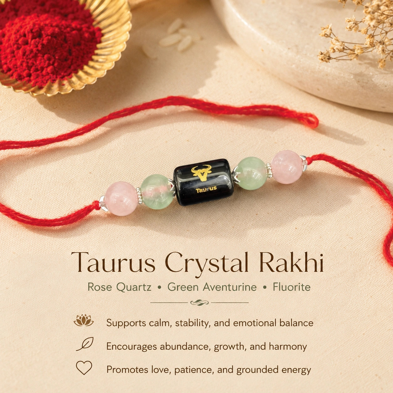 Vrishabh Rashi Taurus Crystal Rakhi with Rose Quartz, Green Aventurine and Fluorite – natural certified crystal rakhi by Bellarosa Gems