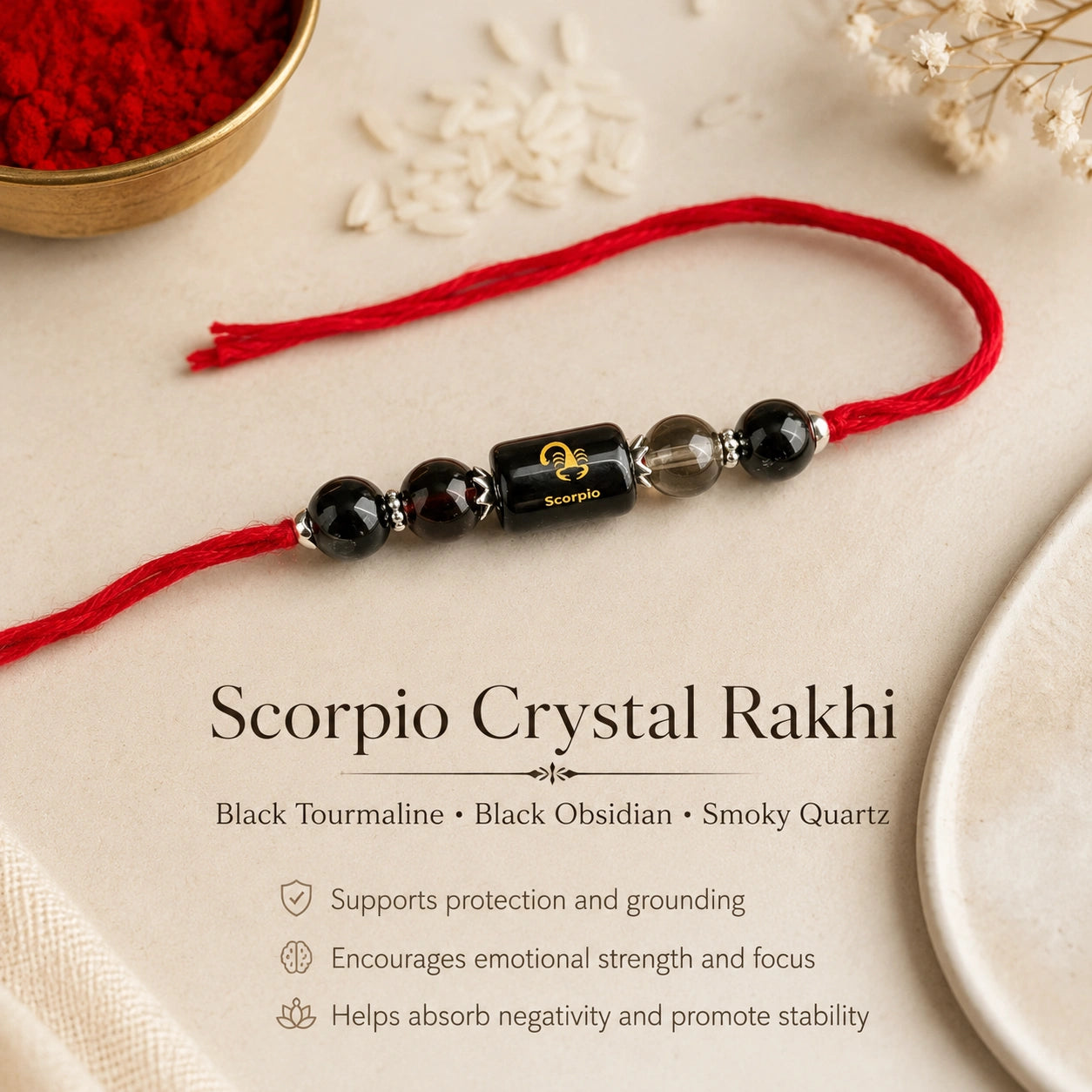 Vrishchik Rashi Scorpio Crystal Rakhi with Black Tourmaline, Black Obsidian and Smoky Quartz – natural certified crystal rakhi by Bellarosa Gems