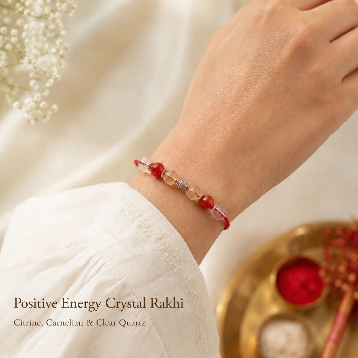 Positive Energy Crystal Rakhi with Citrine, Carnelian and Clear Quartz worn on wrist – Bellarosa Gems