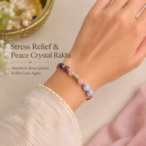 Stress Relief & Peace Crystal Rakhi with Amethyst, Rose Quartz and Blue Lace Agate worn on wrist – Bellarosa Gems