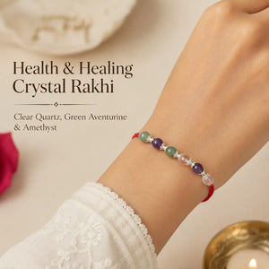 Health & Healing Crystal Rakhi with Clear Quartz, Green Aventurine and Amethyst worn on wrist – Bellarosa Gems