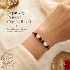 Negativity Removal Crystal Rakhi with Black Obsidian, Selenite and Tourmaline worn on wrist – Bellarosa Gems