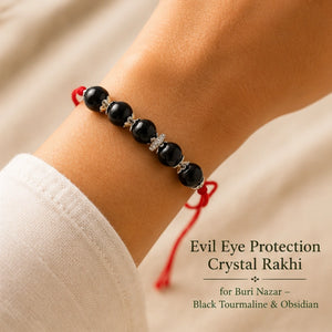 Evil Eye Protection Crystal Rakhi with Black Tourmaline and Obsidian worn on wrist – Bellarosa Gems