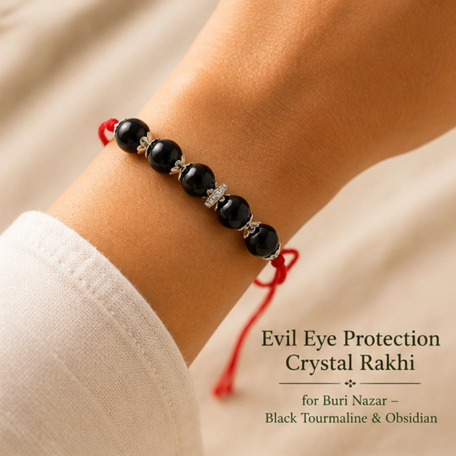 Evil Eye Protection Crystal Rakhi with Black Tourmaline and Obsidian worn on wrist – Bellarosa Gems