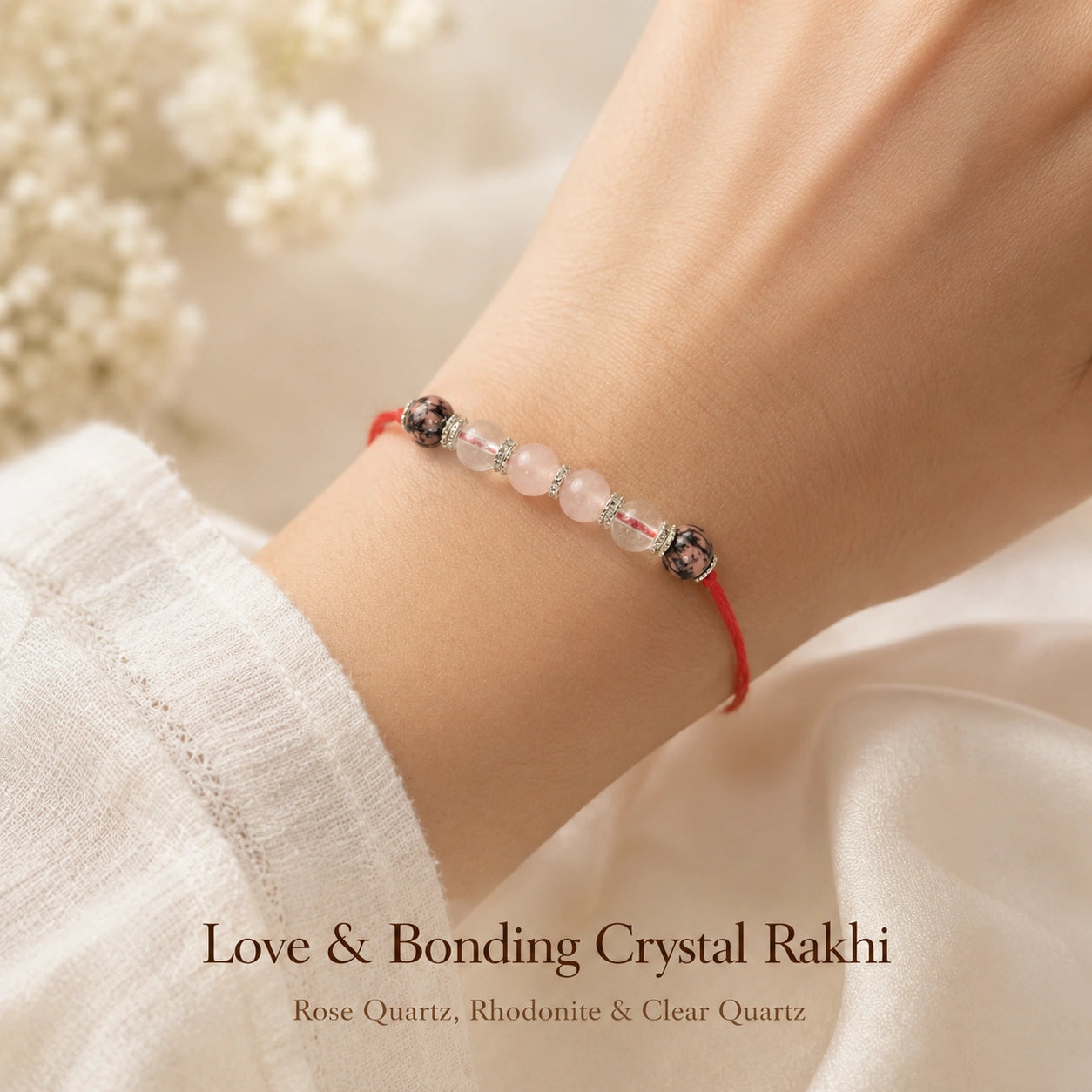 Love & Bonding Crystal Rakhi with Rose Quartz and Rhodonite worn on wrist – Bellarosa Gems