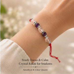 Study Focus Crystal Rakhi with Amethyst and Clear Quartz worn on wrist – Bellarosa Gems
