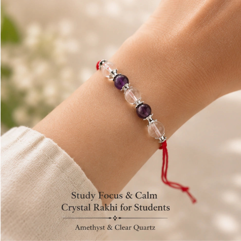 Study Focus Crystal Rakhi with Amethyst and Clear Quartz worn on wrist – Bellarosa Gems