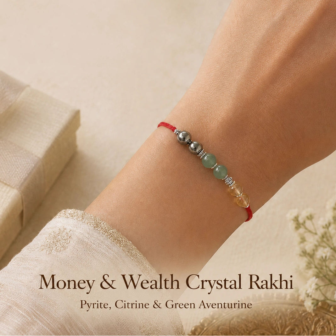 Money & Wealth Crystal Rakhi with Pyrite, Citrine and Green Aventurine worn on wrist – Bellarosa Gems