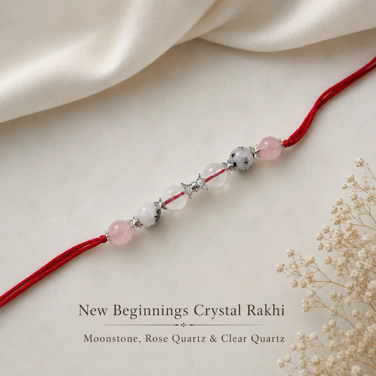 Natural certified New Beginnings Crystal Rakhi with Moonstone, Rose Quartz and Clear Quartz by Bellarosa Gems
